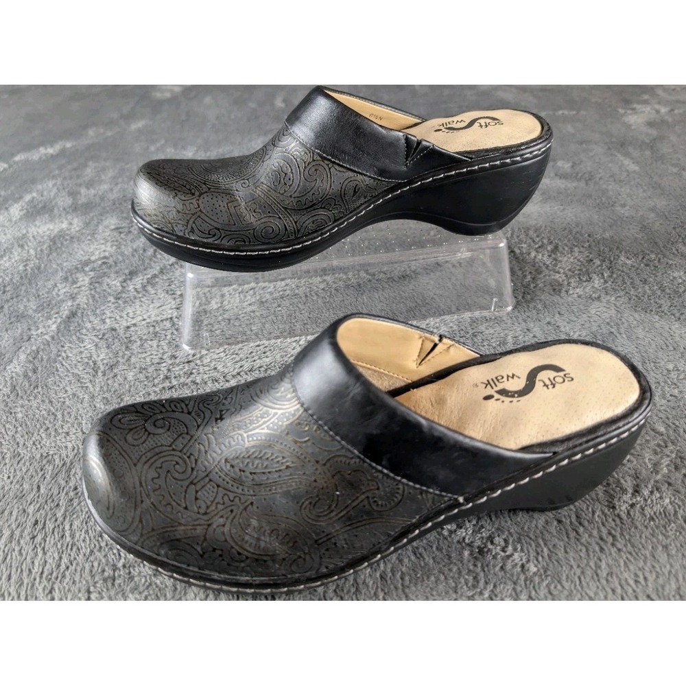 SoftWalk Black Leather Paisley Embossed Clogs Mules Slip On Comfort Shoes EUC‎ - Picture 3 of 8